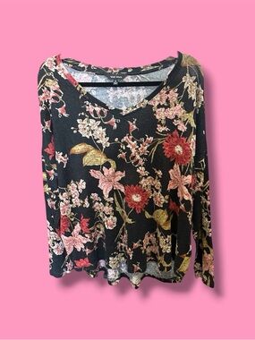 Well Worn Floral V-Neck Long Sleeve with Pink & Red Blooms